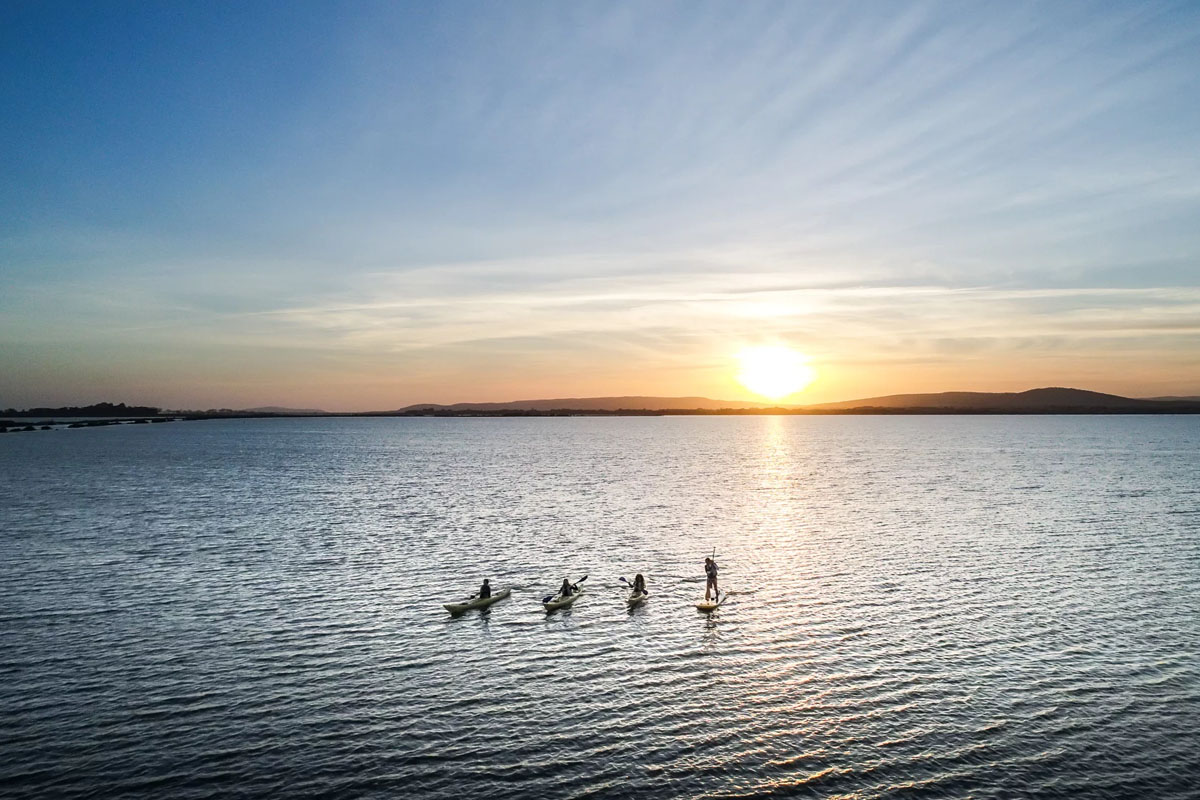 Balade en kayak avec les flamants roses au coucher du soleil